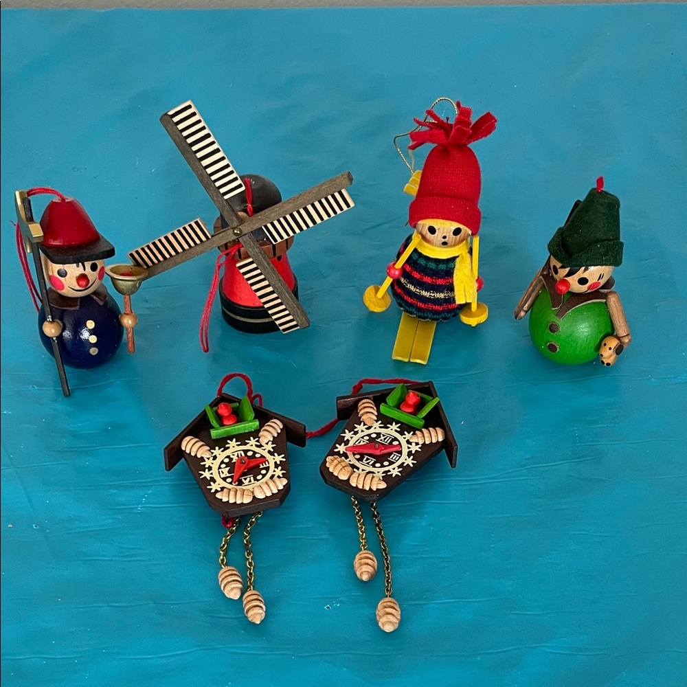 Vintage Steinbach Wooden Holiday Ornament Set with Windmill,  Figures, and Clock